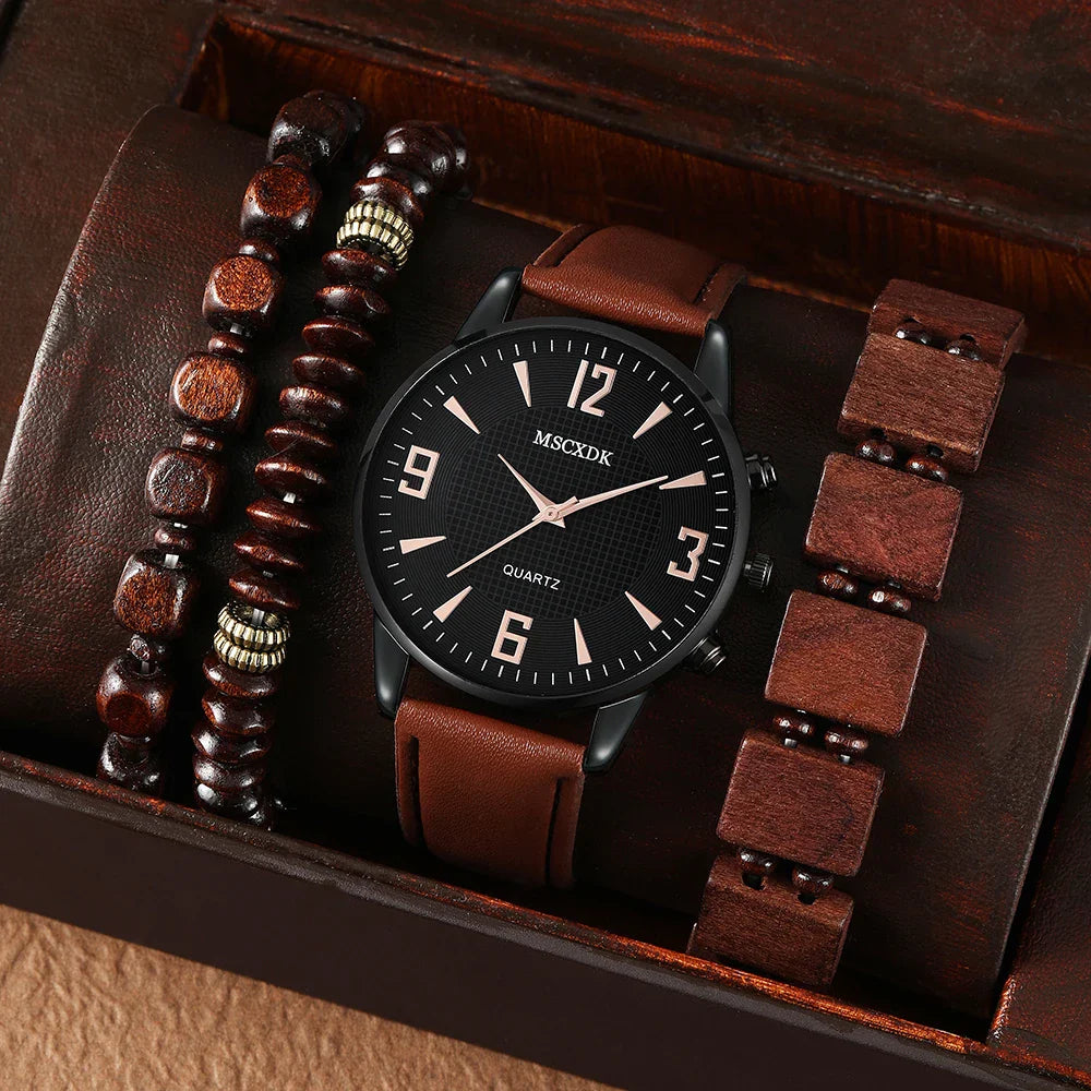 4pcs MEN'S Watch  Bracelet Watch Set